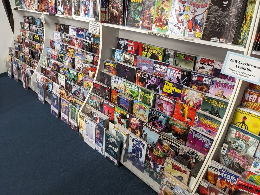 Racks of comic books, ordered and neat.