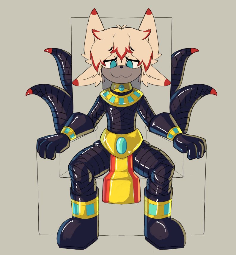 A kitsune covered neck down in latex mummy wrapping sitting on a throne that is implied to be made of stone. wearing boots, gloves and jewelry made of the same latex ontop of it. Even their loincloth shines in the light the same way everything else does they wear. Their maw is covered by a translucent veil. completely showing their gentle and aroused expression as they look down on the viewer. 

After they spend years wrapped up as a latex mummy, they have been brainwashed by the enchanted rubber wrapping into the perfect leader. They wish to expand their new kingdom by transforming and brainwashing more to be their servants. blushing just at the thought of having more kitsune clad in rubber around them. 

While they appear and act mostly submissive and agreeable, even happy to bottom for their servants, they still expect all their orders to be followed. switching their mood in an instant should someone decide to go against their wishes and proving that ultimately they are still in control.
