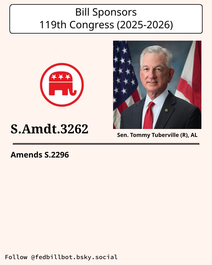 S.2296
National Defense Authorization Act for Fiscal Year 2026

AMENDMENT: S.Amdt.3262
SPONSOR: Sen. Tommy Tuberville (R), AL

LATEST ACTION: Library of Congress - 2025-07-31 Senate amendment submitted

#Republicans

Details at congress.gov
