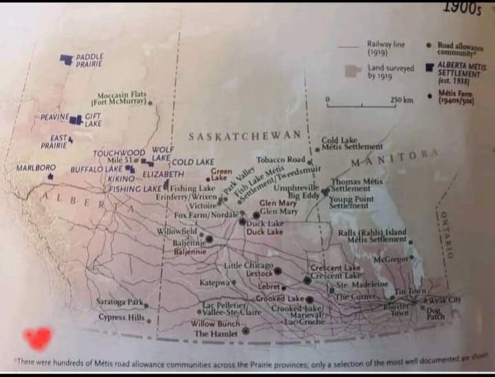 Map of Métis communities across the Prairie provinces (1900s), showing Alberta Métis Settlements, road allowance communities, and Métis farms. Locations span Alberta, Saskatchewan, and Manitoba with notable places like Paddle Prairie, Touchwood, Duck Lake, St. Madeleine, and more.
