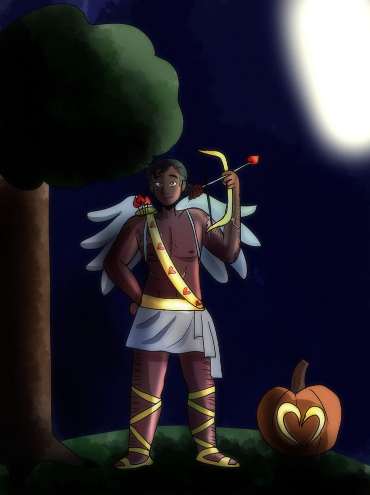 A colored drawing of galaxystt's OC, Alekos. He is dressed up for Halloween as Cupid, with a toga, a set of wings, and a quiver and bow. He stands under a tree in the moonlight, next to a jack-o-lantern carved with a heart