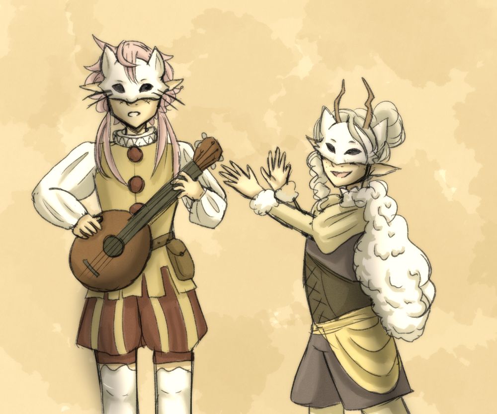 Colored sketches of my OCs, Henri and Ozzie. They are dressed in Yaelokre-inspired outfits. Henri wears a white cat mask and holds a ukulele. Ozzie wears a wolf mask and dons a sheepskin cape