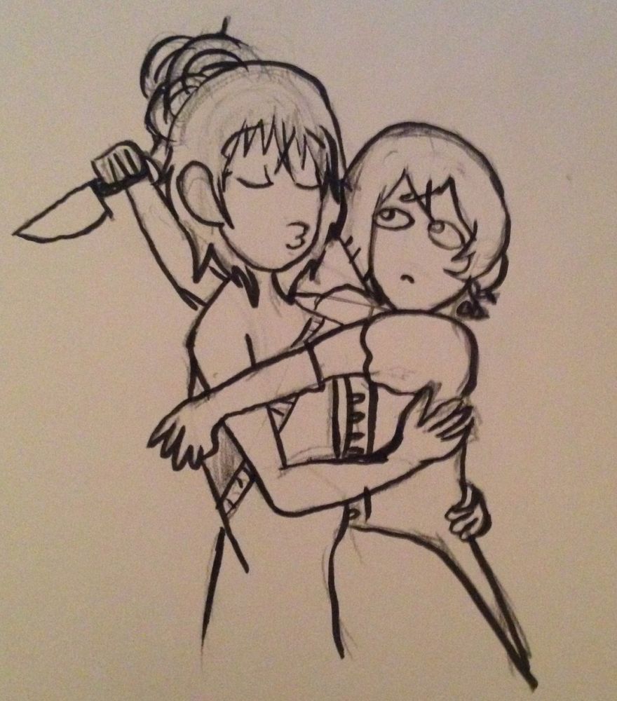 A pencil sketch of Sidonai and Nicolo. Nicolo embraces Sidonai with his eyes closed and goes in for a kiss while Sidonai holds up a knife behind Nicolo's back
