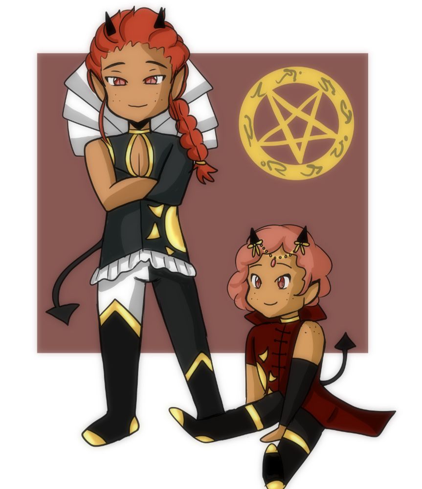 Colored chibis of my OC Lucifer and his child and Vessel, Beleth. Beleth sits on the ground while Lucifer crosses his arms. Behind them is Lucifer's seal, an inverted pentagram