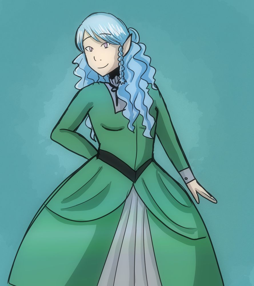 A colored sketch of my OC, Vivian. She is a sixteen year old French demon of pride. She has pale skin, narrow magenta eyes, and pointed ears. She has long, curly, baby blue hair that reaches her mid-back. She wears a green and white Victorian-styled dress.
