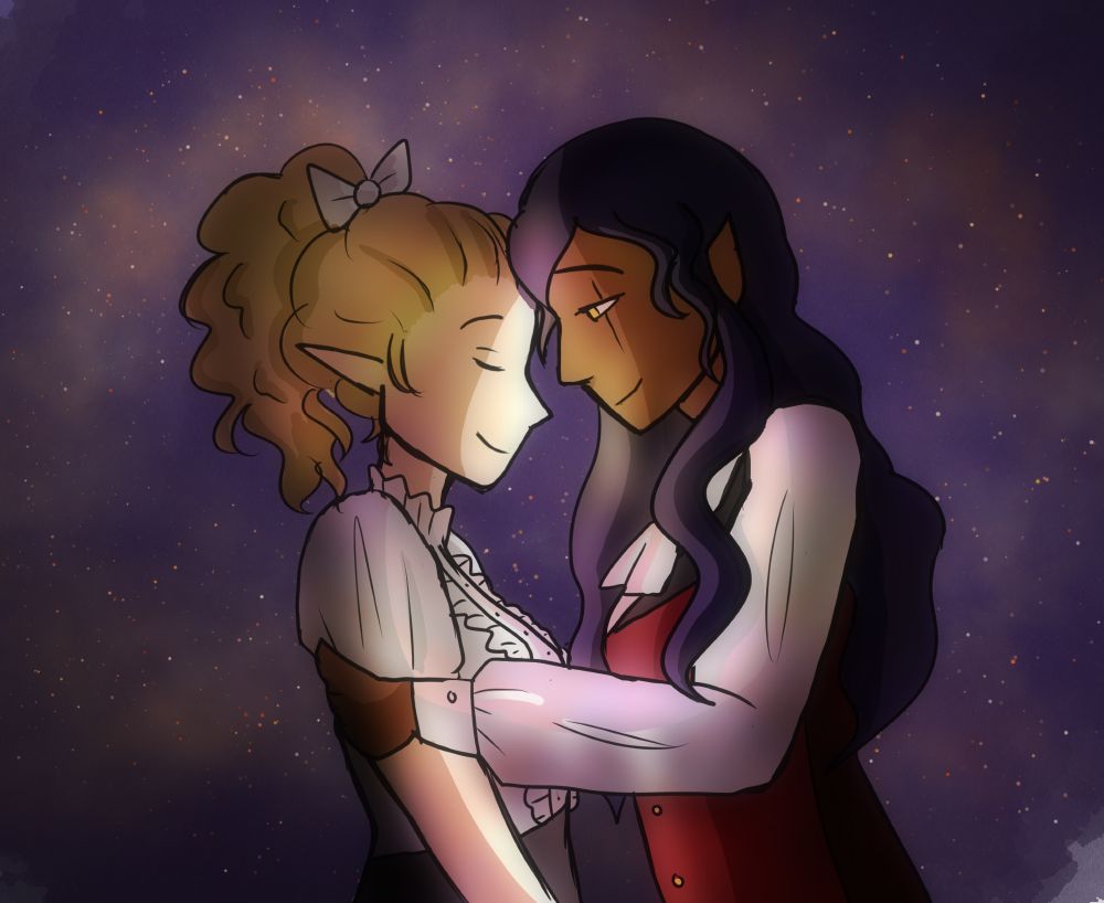 A colored sketch of my OCs, Kaelon and Sabrael. Sabrael embraces Kaelon, pressing their foreheads together