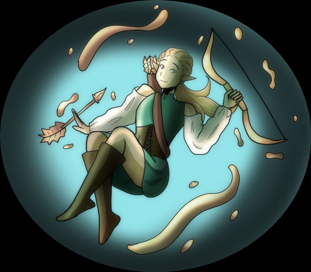 A colored sketch of my OC Camio. He sits and holds a bronze bow and arrow, while molten bronze surrounds him. He is dressed in a fantasy archer's outfit and carries a quiver on his back