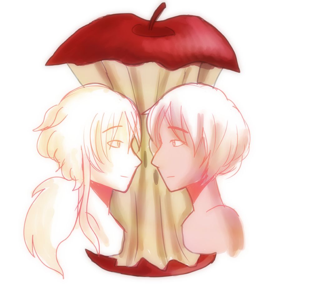 A redraw of the apple trend meme, with Sidonai and Nicolo's faces inside of an apple core