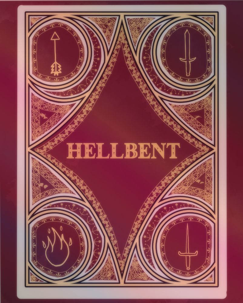 A working title card for my visual novel, Hellbent. It features a diamond pattern in an art nouveau style, with four circles on the sides. Each circle contains a weapon for each of the four main routes. In the upper left, an arrow for Asmodeus, the upper right is a sword for Sidonai, the lower left is fire for Dove, and the lower right is a dagger for Yevgeny