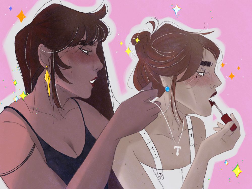 Fem!Viktor is putting on makeup while fem!Jayce is offering her a necklace. A nice little “t”…. 