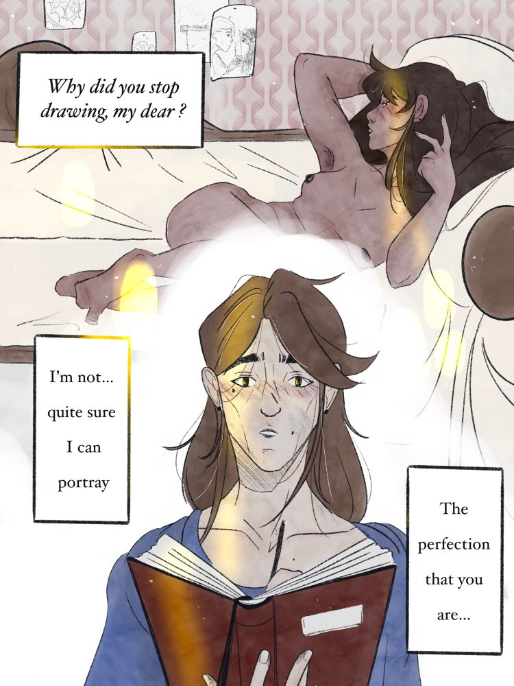 Fem!Jayce being fem!Viktor’s muse. She is lying, naked on a couch asking Viktor why she stops drawing her. 