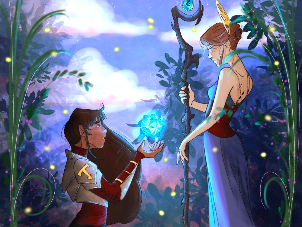 Knight fem!Jayce is kneeling in front of fem!Viktor, giving her the hexcore. 