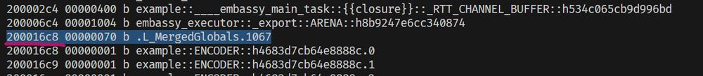 NM output showing that variable doesn't have a symbol, but at the same address is a symbol called .L_MergedGlobals.1067