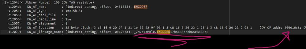 Dwarf debug info showing a variable with a linkage name and an address