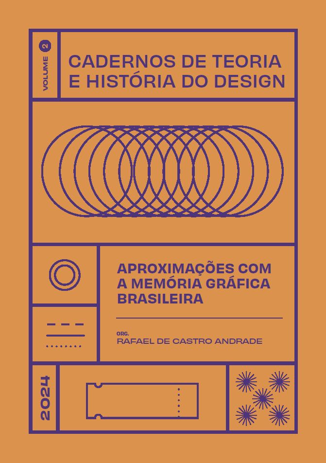 Capa do Caderno de Teoria e História do Design vol. 2: Aproximações com a Memória Gráfica Brasileira. A capa é laranjada com alguns grafismos em azul escuro.
