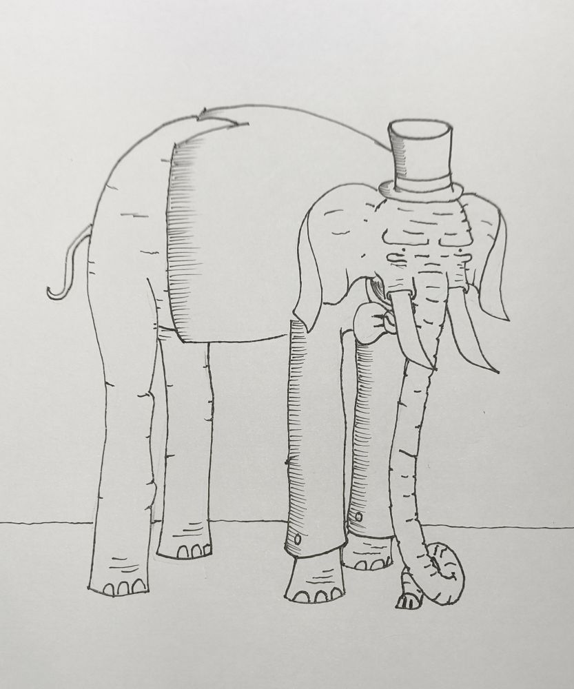 Um elefante está vestindo um terno com gravata e cartola (ele vai ganhar o Oscar)
