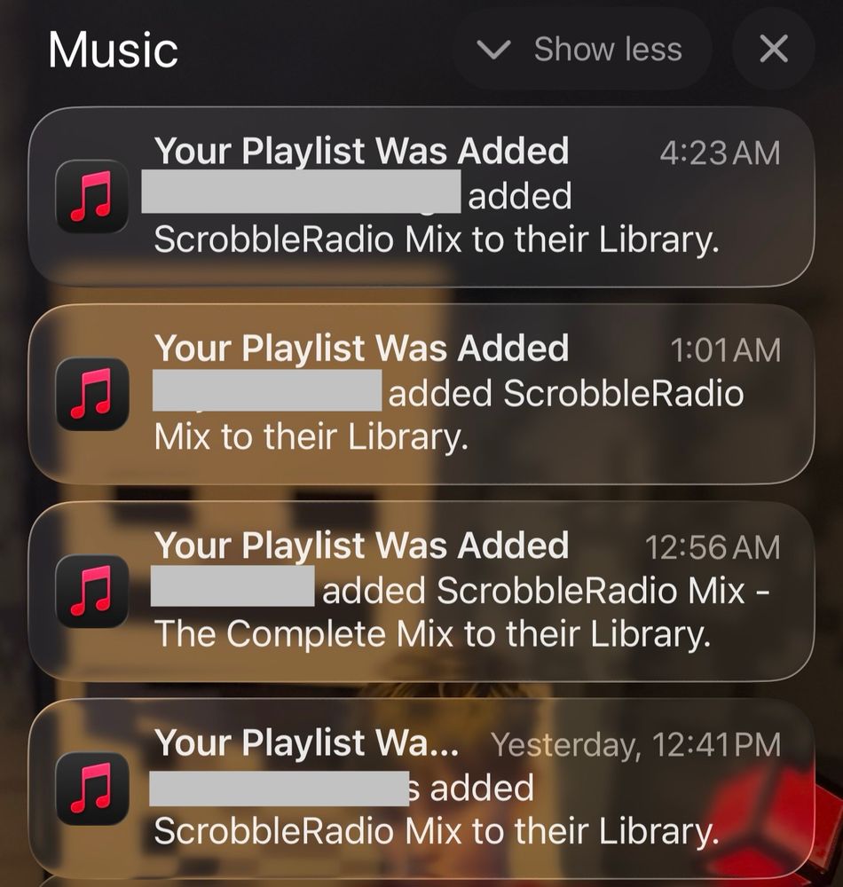4 notifications of users adding ScrobbleRadio Mix to their Apple Music library