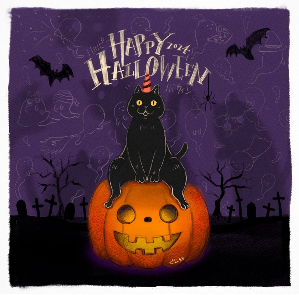 ハロウィン用に描いた黒猫とカボチャのイラスト