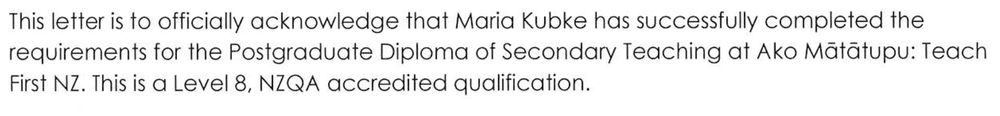 Letter of cmpletion of Postgrad Diploma in secondary teaching