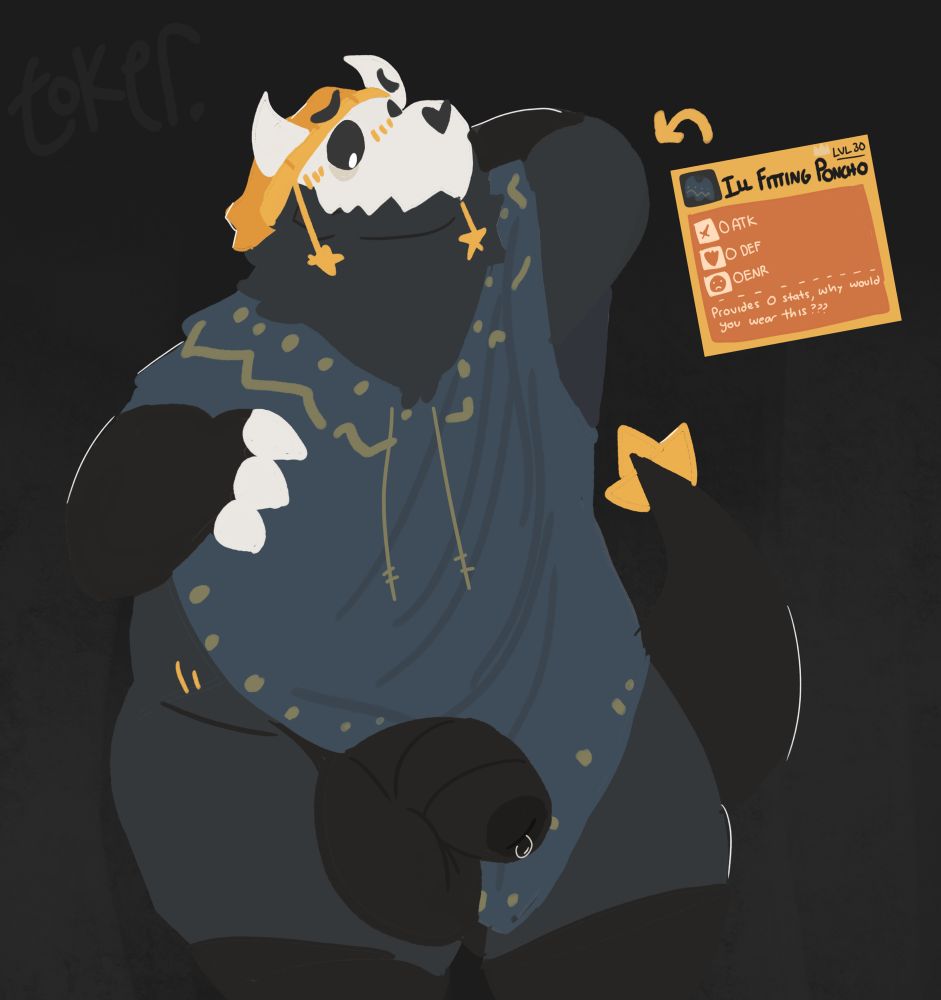 koda skull head dragon guy standing around wearing an ill fitting poncho with text that says
0 STR 0 DEF 0 ENR
PROVIDES ZERO STATS, WHY WOULD YOU WRAR THIS???