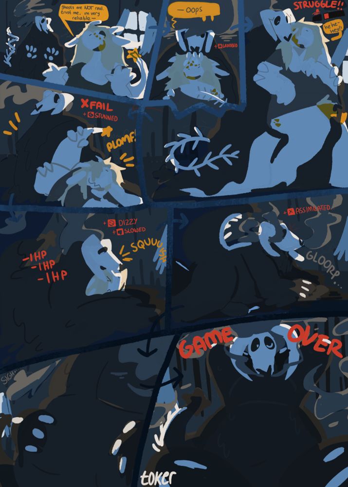 A comic of my sona getting smothered by marrow's tar until he turns my body into his (?). there are rpg elements like losing health and a GAME OVER screen in the end
