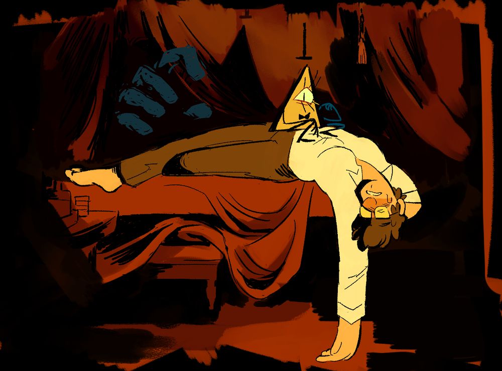 A redraw of Henry Fuseli's "the nightmare" featuring young Ford Pines in place of the sleeping woman, with Bill sitting on his abdomen and looking out at the audience. A massive hand emerges from the shadowy curtains in the background, as if it were about to grab Ford.