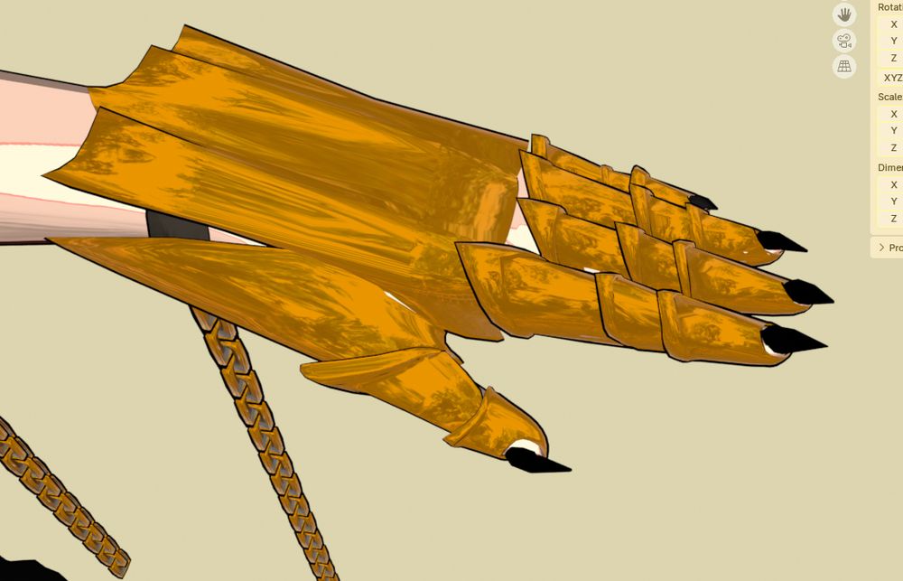 Blender wip of a shiny bronze gauntlet. Its pointy with cut outs for the wearers already present claws