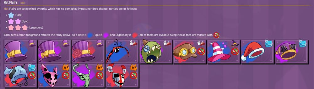 Cosmetics are compact inside a small square, each square contains the item, the quality of the rarity and the origin hat, some items have a 🚫 to denote that they cannot be dyed.