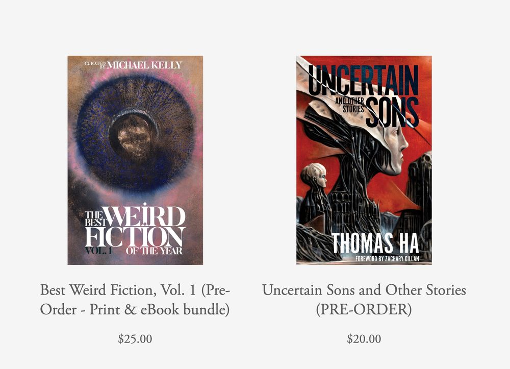Screengrab from undertowpublications.com showing 2 books for pre-order: THE BEST WEIRD FICTION OF THE YEAR, VOL. 1, and UNCERTAIN SONS.