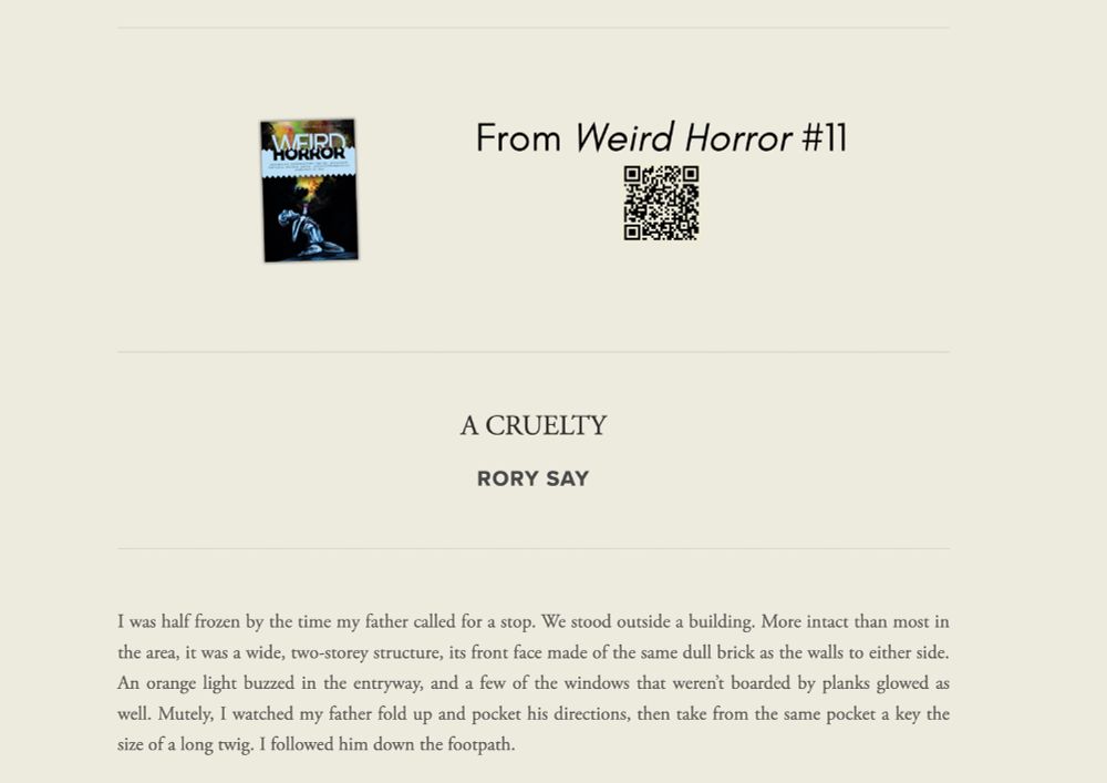 Web page screen from Weird Horror showing partial text to "A Cruelty" plus byline on ochre background.