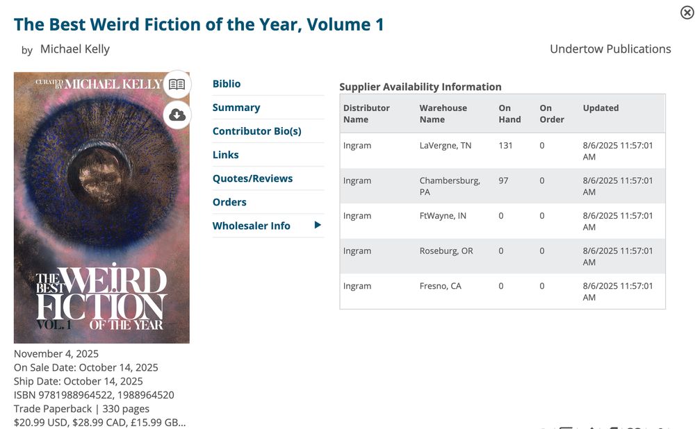 Screengrab from Edelweiss showing The Best Weird Fiction of the Year info and cover
