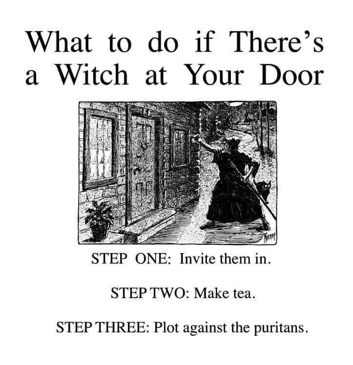 Old line art engraving showing a witch at the door with text:

WHAT TO DO IF THERE IS A WITCH AT YOUR DOOR

1: Invite them in.

2: Make tea.

3. Plot against the Puritans.