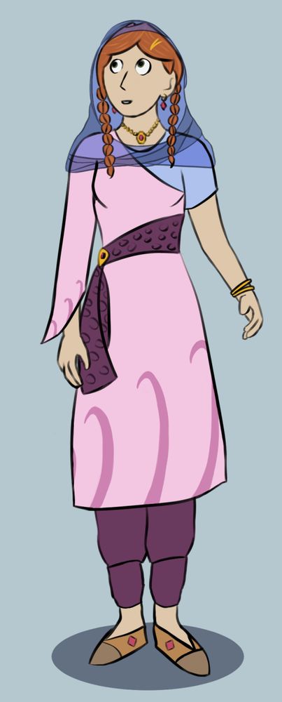 A young, orange haired-woman wears a pink dress with dark pink swirls. The dress is complemented by purple pants and a purple clothes belt, attached with a gold insigna. Her left shoulder isn't covered by the dress, but by a light blue shirt with short sleves. Her left wrist host two golden bracelets.
She has a golden necklace with a red jewel in the middle. Similar jewels are visible on her slippers.
She wears her hairs in two braids, and an transparent, blue-ish textile surround the back of her head and both of her shoulders.

She seems to be raised her head, and her left hand, and may be about to wave to somebody. Her posture still is rather static.