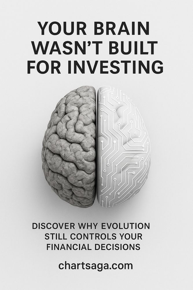 "A conceptual digital illustration showing a human brain split into two halves — one side resembling ancient stone and the other a modern circuit board — symbolizing the clash between evolutionary instincts and modern financial decision-making."

