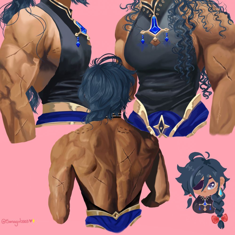 3 buff kaeyas and one chibi kaeya. They have scars and bite marks on them.