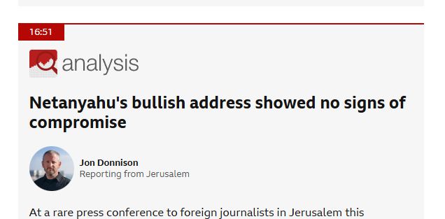 Screenshot from BBC News "Analysis - Netanyahu's bullish address showed no signs of compromise"