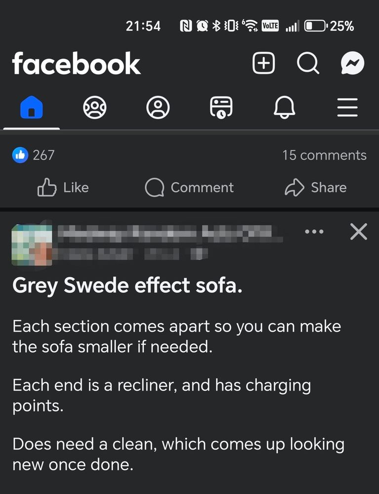 Screenshot of a Facebook post offering a suede sofa, however the text reads "grey swede effect sofa" 