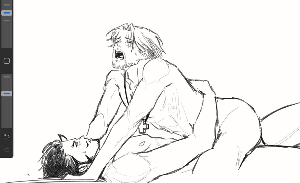 NSFW sketch of shanks riding mihawk. he’s wearing kogatana and moaning loudly, while mihawk watches him from below in awe.