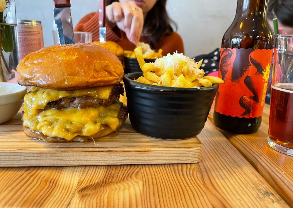 Cheeseburger and fries and beer