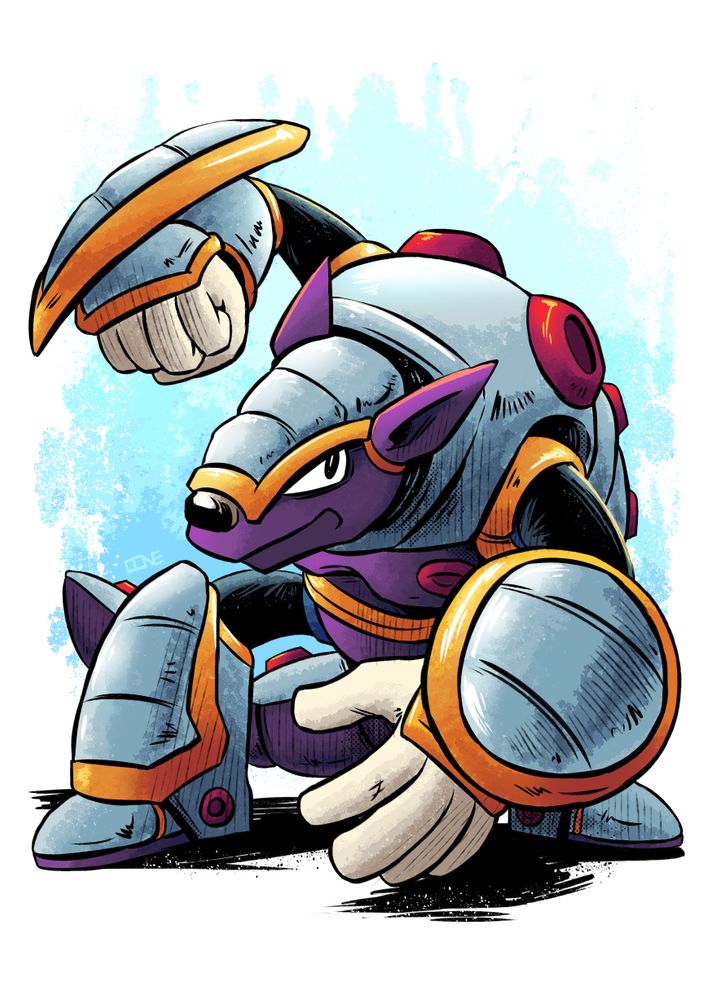 A drawing of Armored Armadillo from Mega Man X. Some liberties have been taken with his design, combining elements from his original appearance and his Maverick Hunter X appearance.