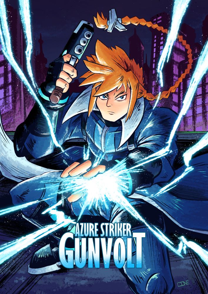 A drawing of Gunvolt stylized as if he were a western superhero. Kneeling on the ground in front of the viewer, he has his left hand extended forward and surging with crackles of electricity and his right hand grasps his gun and raises it over his head. The text "Azure Striker Gunvolt" adorns the bottom center of the drawing.