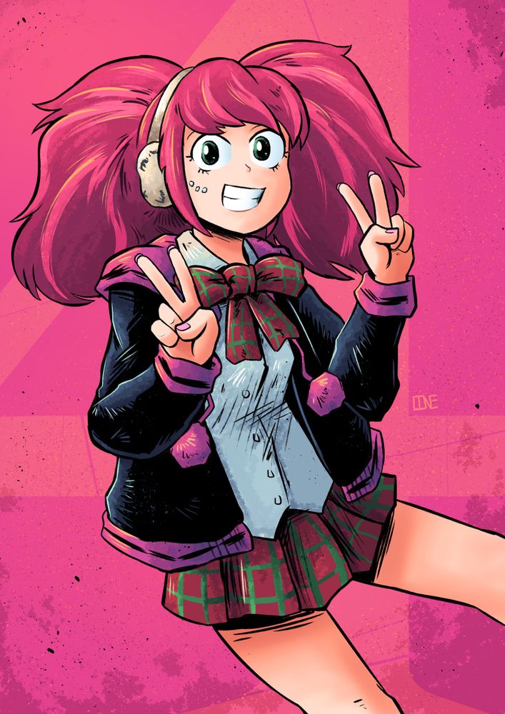 A drawing of Clover from 9 Persons, 9 Hours, 9 Doors, of Zero Escape fame. She's flashing two peace signs to the viewer while grinning.
