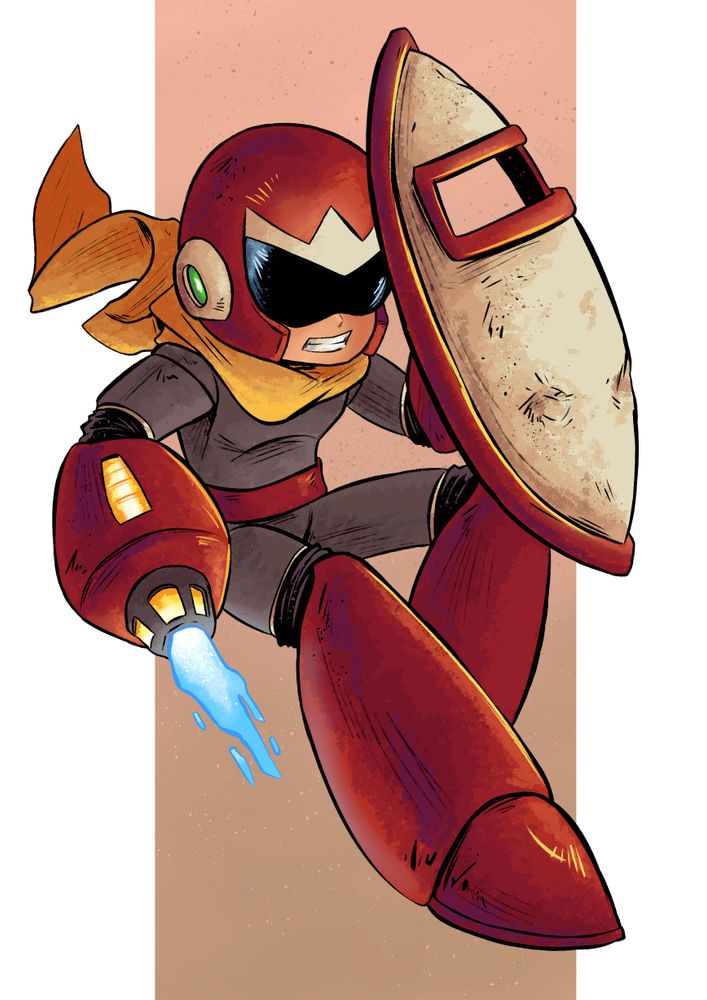A drawing of Proto Man jumping, his shield raised up in his left hand and his right hand changed into buster form and charging with a blue wisp of energy radiating from it.
