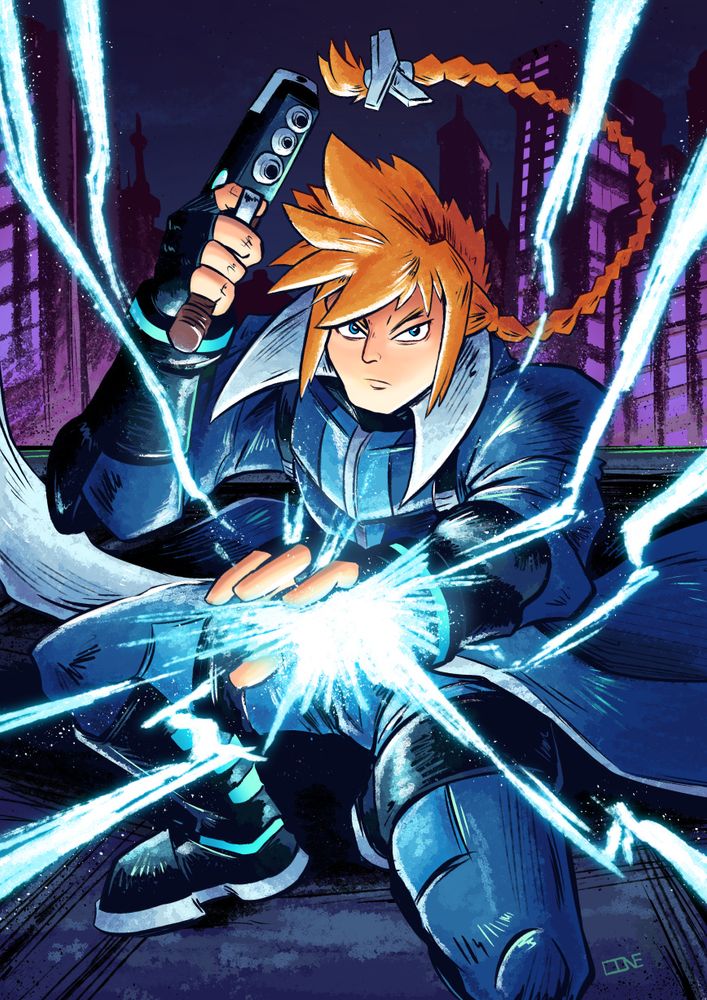 A drawing of Gunvolt stylized as if he were a western superhero. Kneeling on the ground in front of the viewer, he has his left hand extended forward and surging with crackles of electricity and his right hand grasps his gun and raises it over his head. This one lacks the mock title text from the previous image.