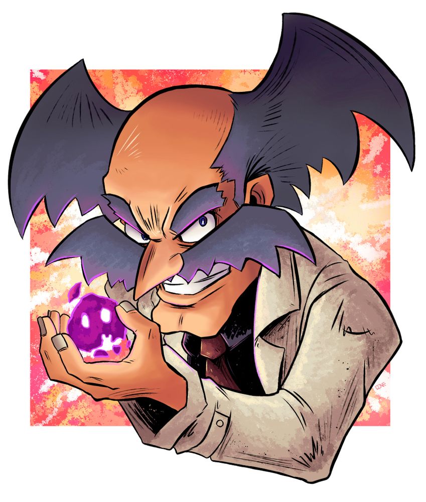 A drawing of Dr. Wily holding a cloud of Evil Energy in his palm while he grins at the viewer menacingly.