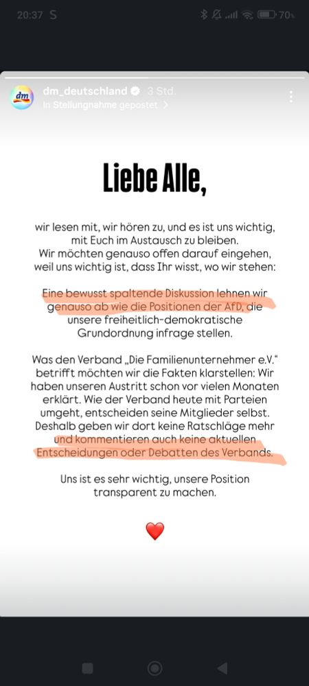 Das Statement von dm zur Krotik. Hervorgehoben diese Aussagen: "Eine bewusst spaltende Diskussion lehnen wir henauso ab wie die Positionen der AfD" und "und kommentieren auch keine aktuellen Entscheidungen oder Debatten des Verbands"
