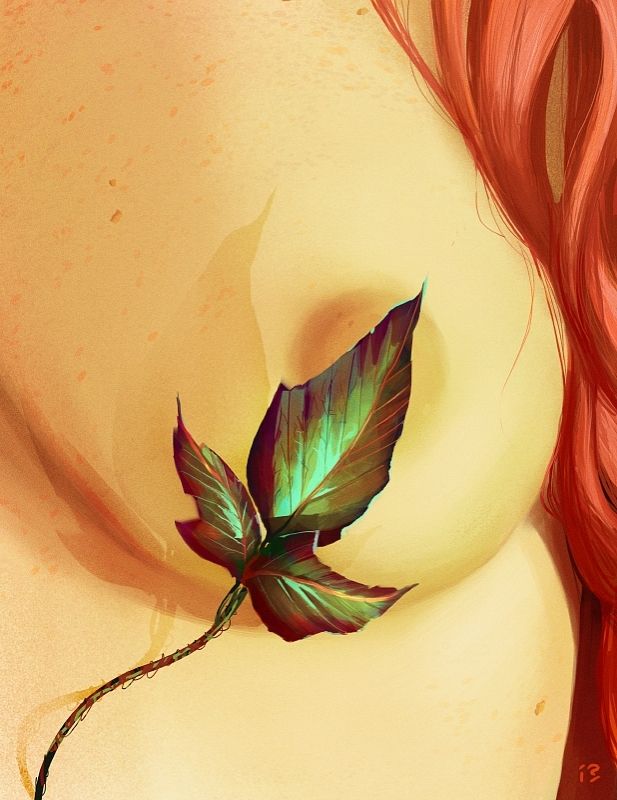Poison ivy leaf barely covering a nipple