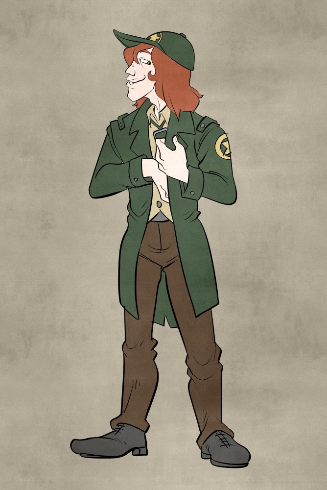 A flat digital drawing of a tall red haired man in a long green coat with a matching green hat.