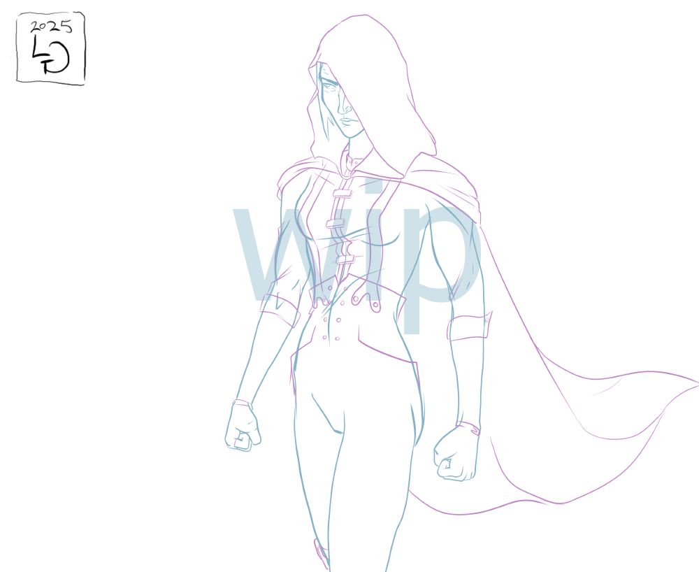 WIP of Day 1 of Chembaron Cait Week - Chembaron Caitlyn walking through the streets of Zaun, her face obscured by a hood pulled over her head. She has a tall posture, fists clenched, and a dangerous air about her.