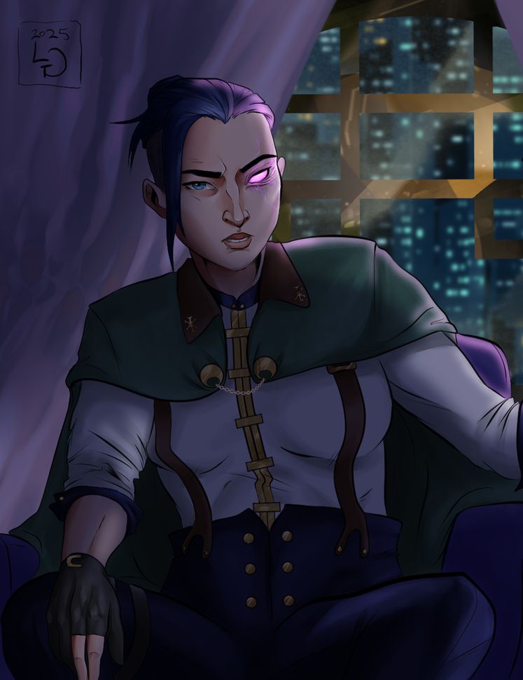 Close up of Caitlyn Kiramman sits in the dark. The only light filtering in comes from the green lights of Zaun behind her window and from her shimmer infected eye casting an eerie glow on the room. Her window is flanked by purple curtains and she sits in a purple chair. Gone is her brown cloak from her early days as a chembaron, instead replaced with a green military style cloak, golden clasps keeping it secure. She stares at the viewer as Caitlyn sits in her purple chair.